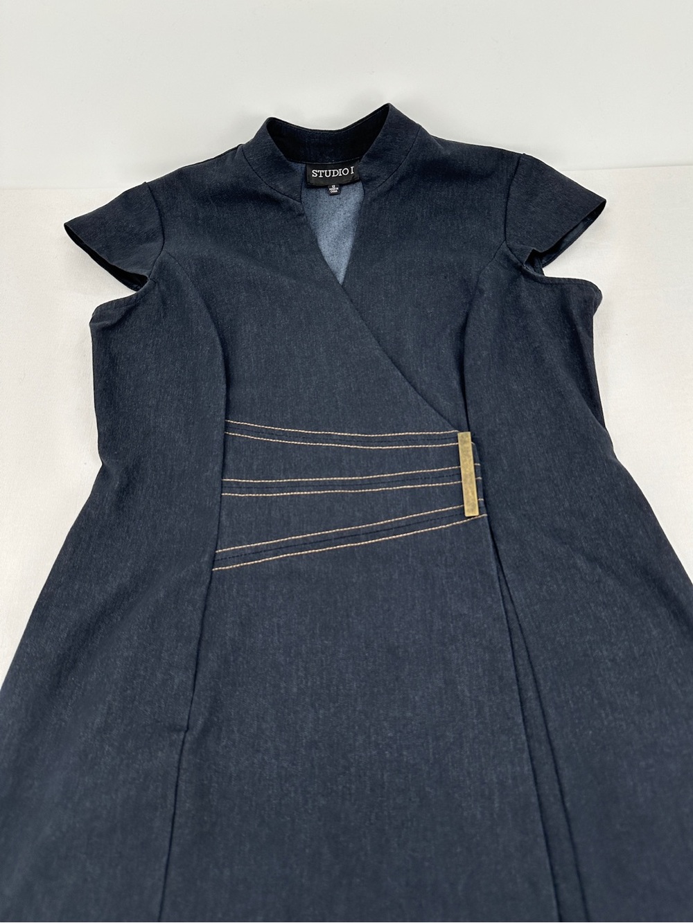 Dark Denim Belted Fit & Flare Midi Dress Size 12 NWOT Sculpted Waist - Picture 2 of 10